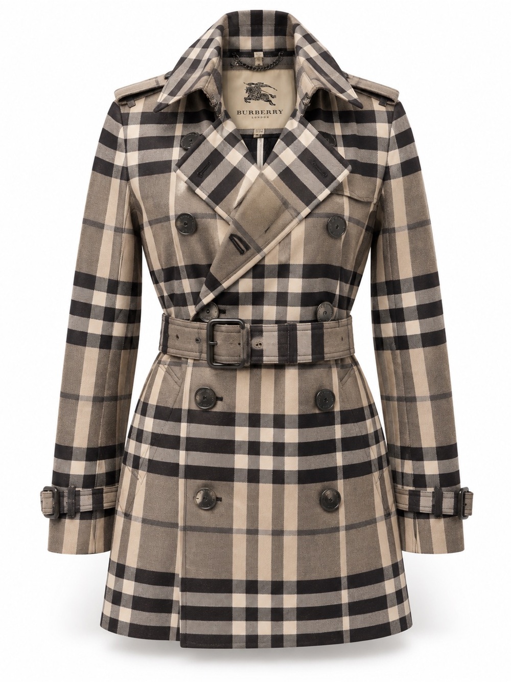 Burberry Tan Black Cream Plaid Double-Breasted Trench